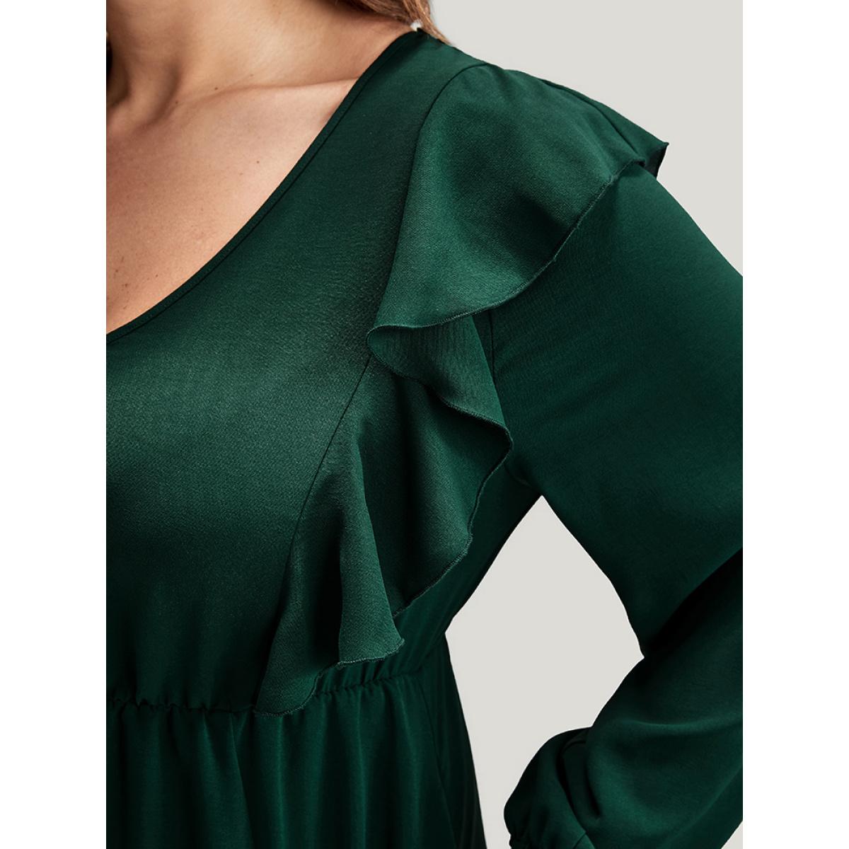 Plus Size Solid Lantern Sleeve Pocket Ruffle Trim Split Midi Dress DarkGreen Women Elegant Pocket V-neck Long Sleeve Curvy Midi Dress BloomChic 10/M Product Image