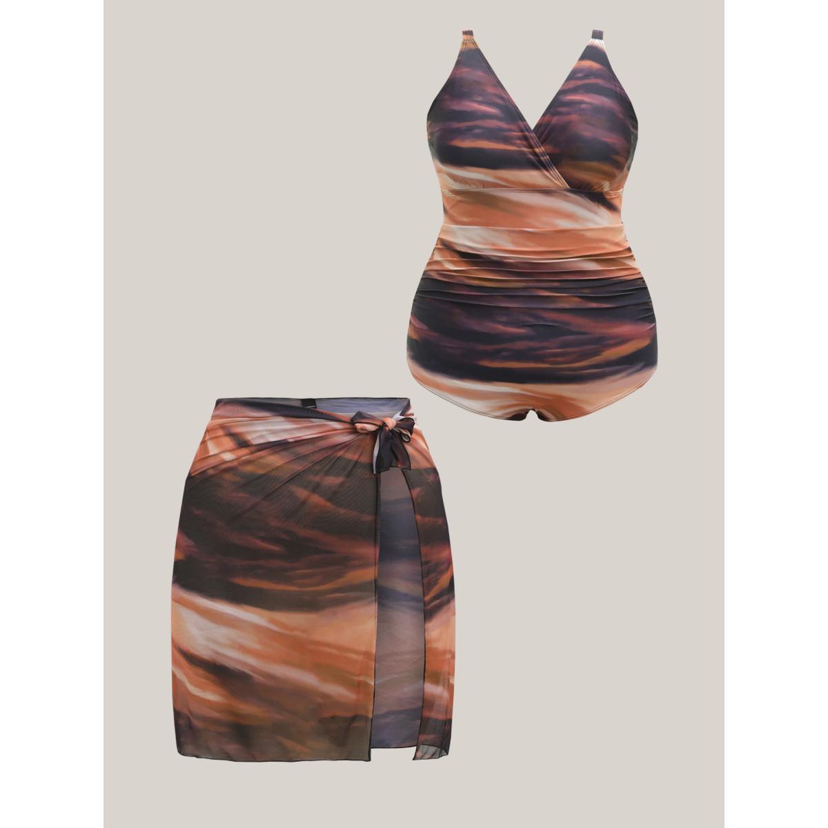 Plus Size Two-Piece Ombre Gradient Surplice Swimsuit, Sarong Women's Swimwear Multicolor Beach Pleated Curve Bathing Suits High stretch One Pieces BloomChic 10/M Product Image