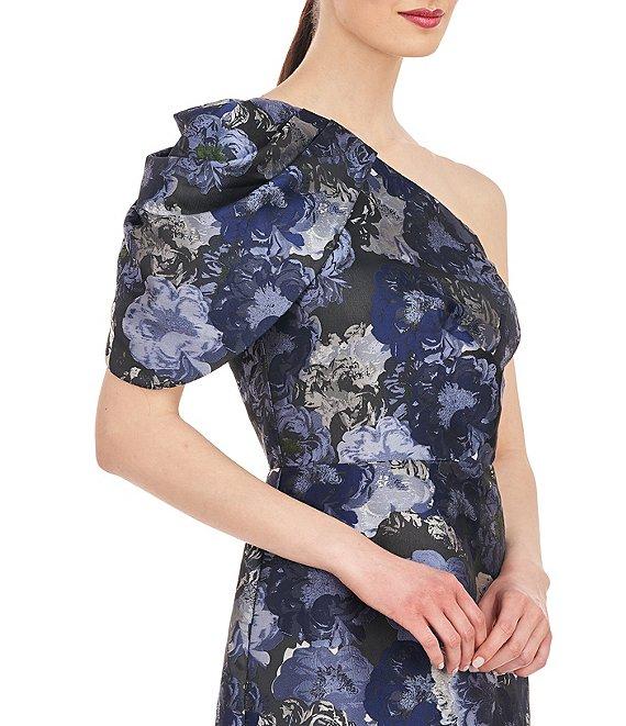 Kay Unger Floral Jacquard One Shoulder Drape Puff Sleeve Gown Product Image