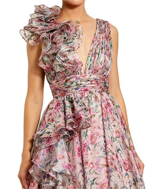 Mac Duggal Chiffon Floral Print V Neck Sleeveless Ruffle A-Line Gown Product Image