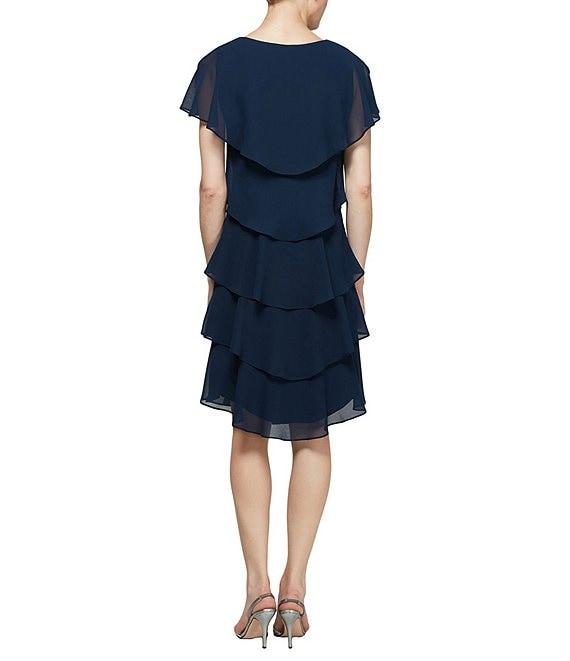 Ignite Evenings Jewel V-Neck Short Sleeve Georgette Tiered Capelet Shift Dress Product Image