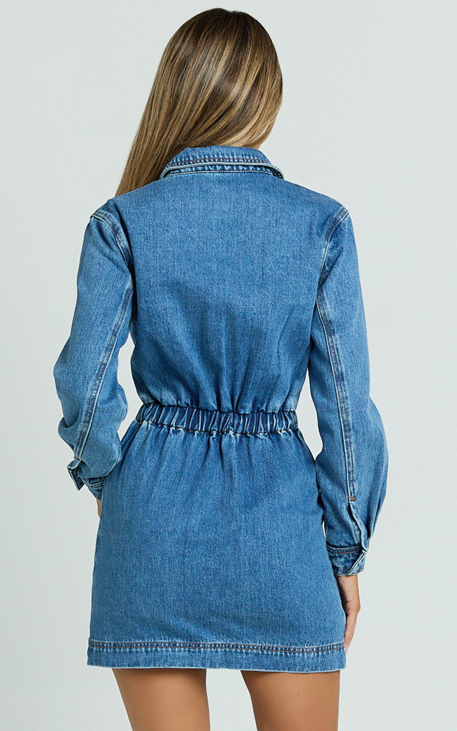 Ainsley Mini Dress - Button Through Long Sleeve Denim Dress in Mid Blue Wash Product Image