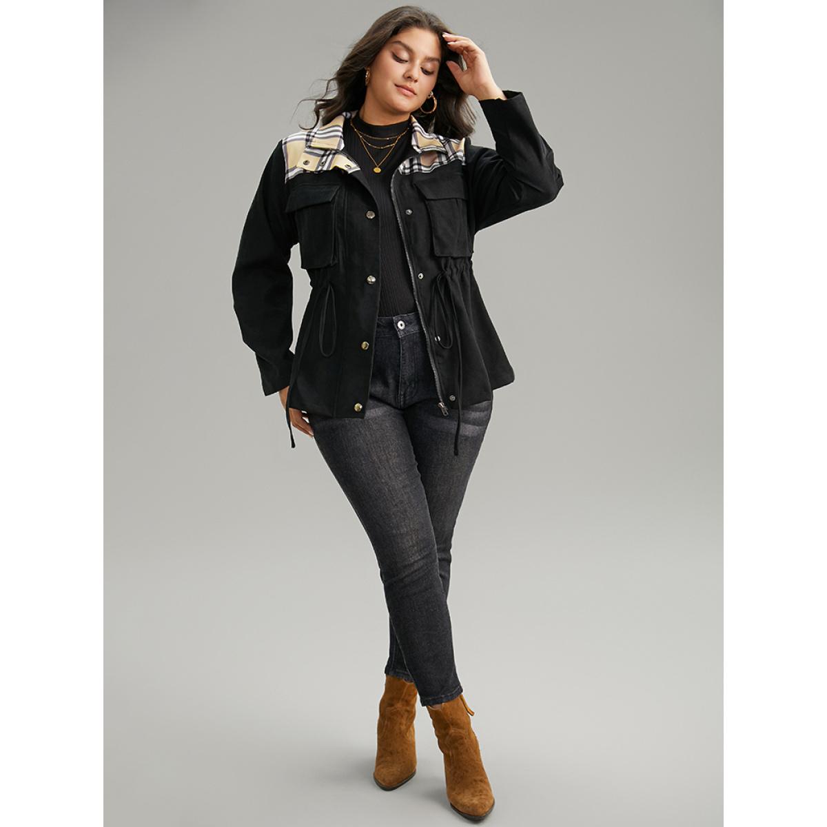 Plus Size Plaid Patchwork Drawstring Zipper Fly Flap Pocket Coat Women Black Casual Contrast Ladies Everyday Winter Coats BloomChic 28/5X Product Image
