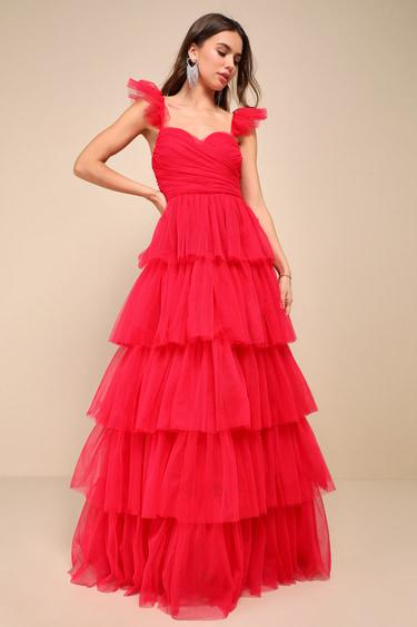 Fabulous Poise Bright Red Tulle Ruffled Tiered Maxi Dress Product Image