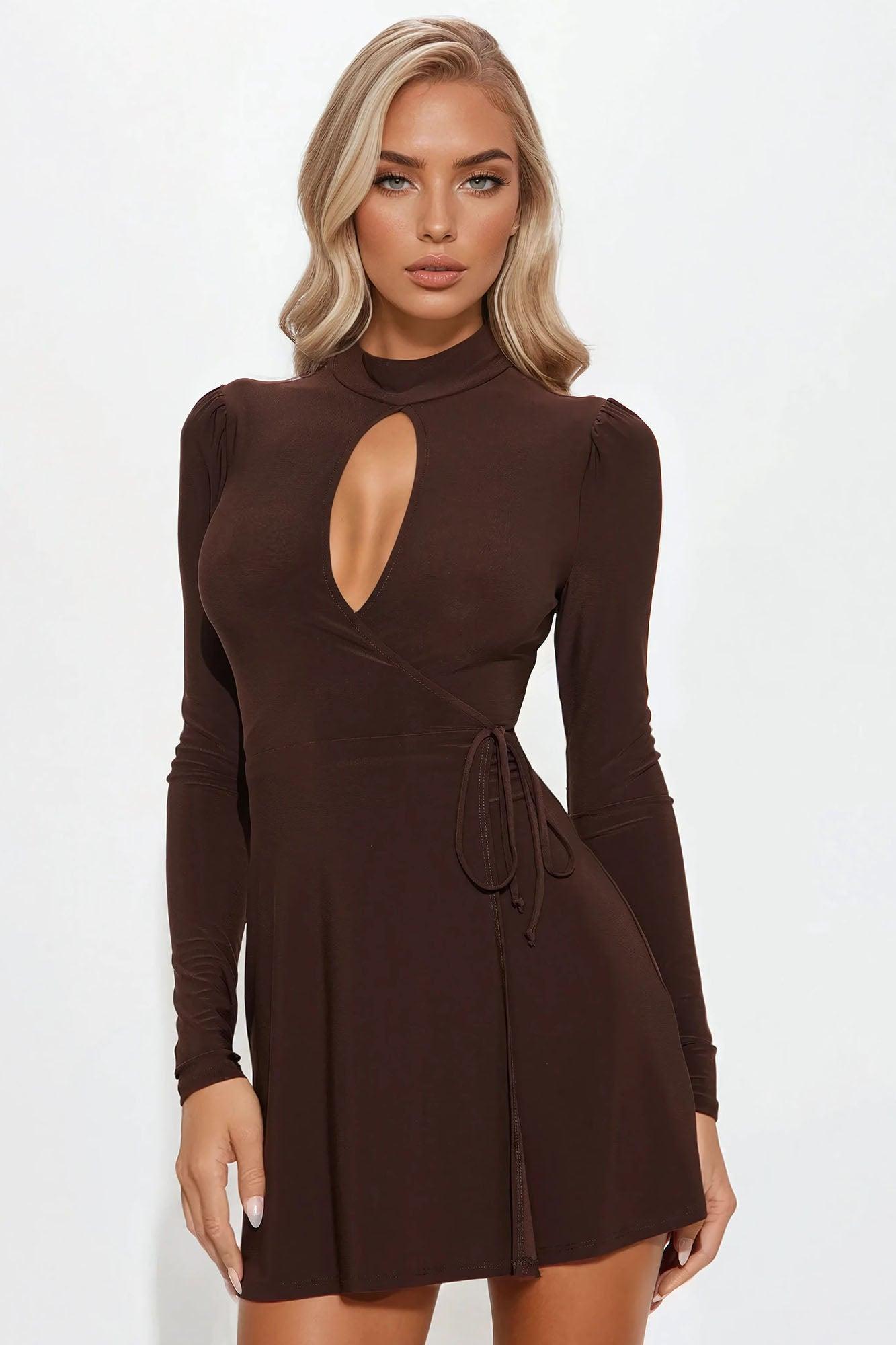 Zarina Wrap Mini Dress - Chocolate Product Image