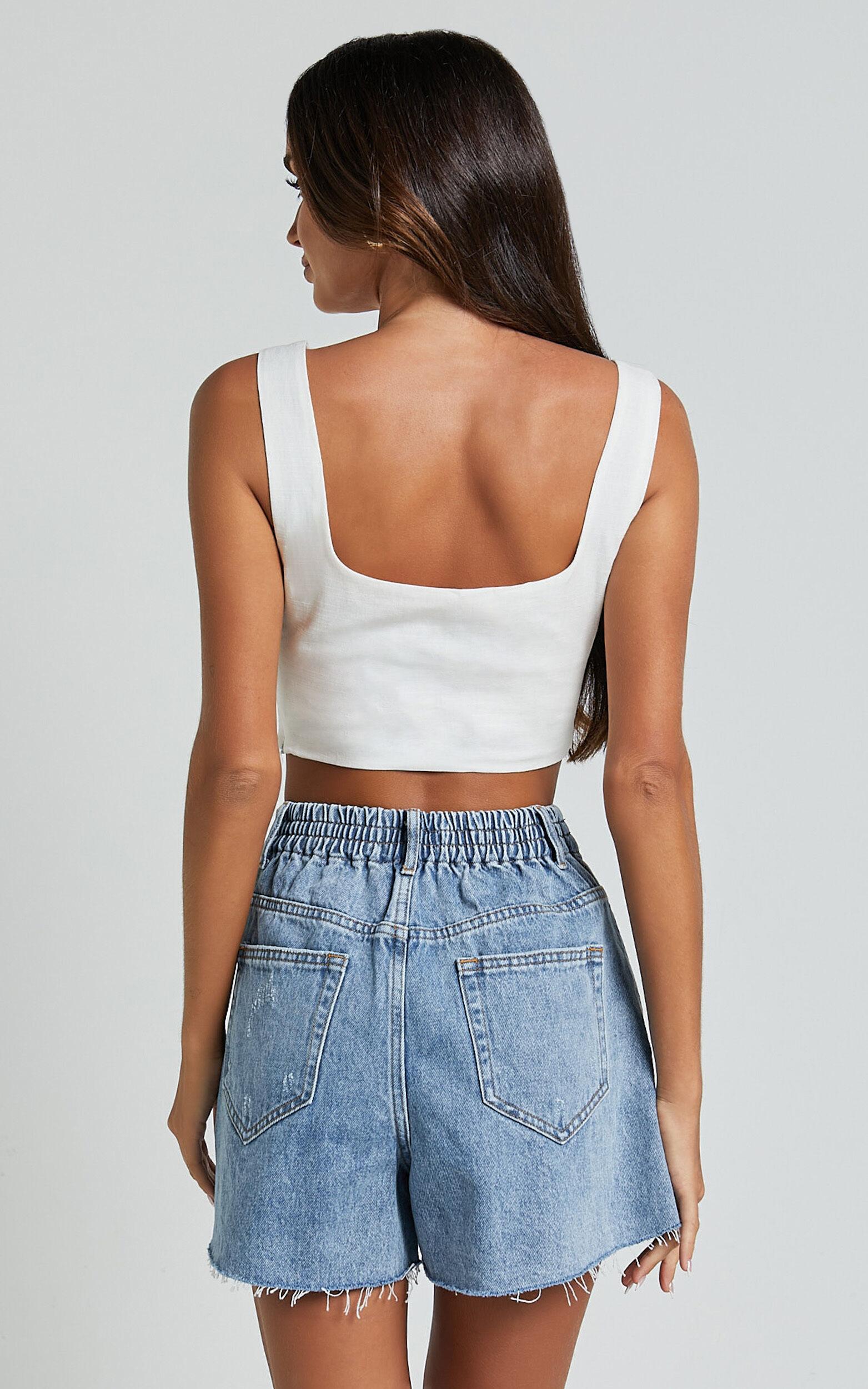 Renee Shorts - High Waisted Frayed Hem Denim Shorts in Light Blue Wash Product Image