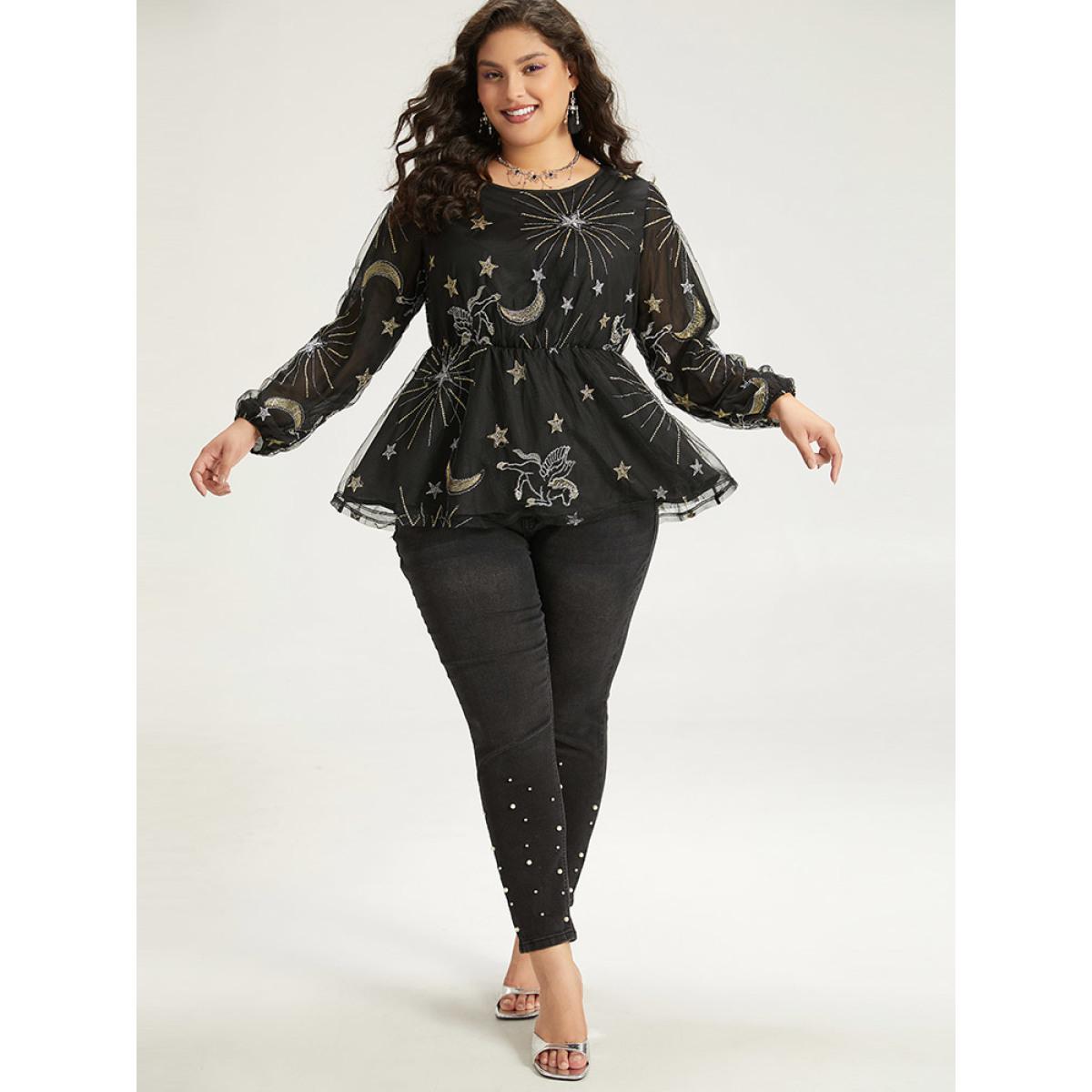 Plus Size Black Halloween Star Elastic Waist Mesh Patchwork Lantern Sleeve Blouses Women Elegant Long Sleeve Round Neck Festival-Halloween Blouses BloomChic 10/M Product Image