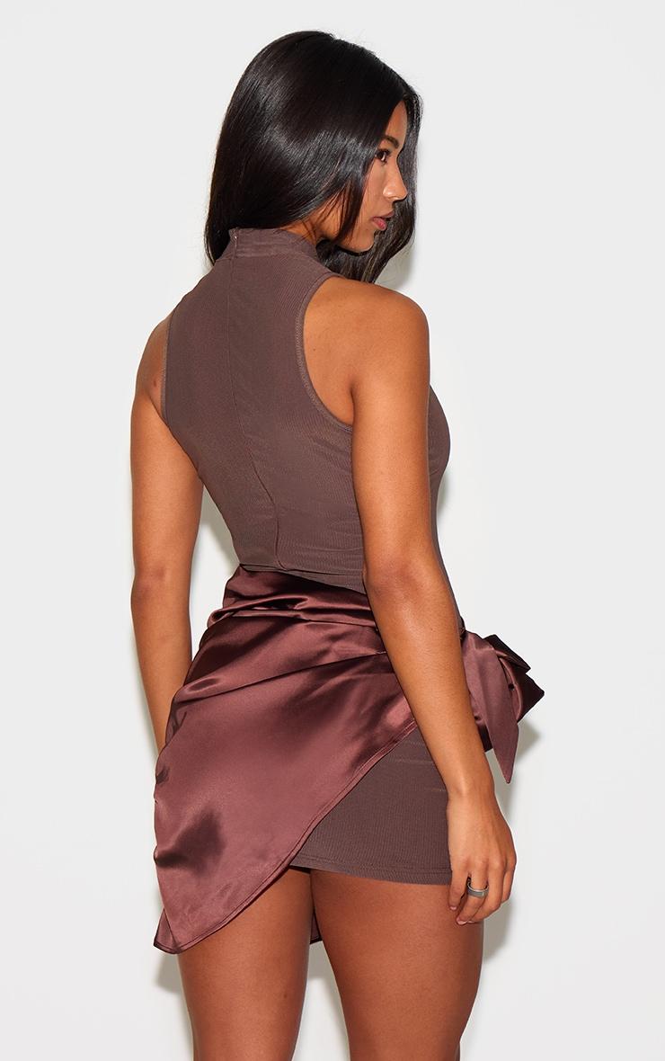 Chocolate Woven High Neck Satin Drape Mini Dress Product Image