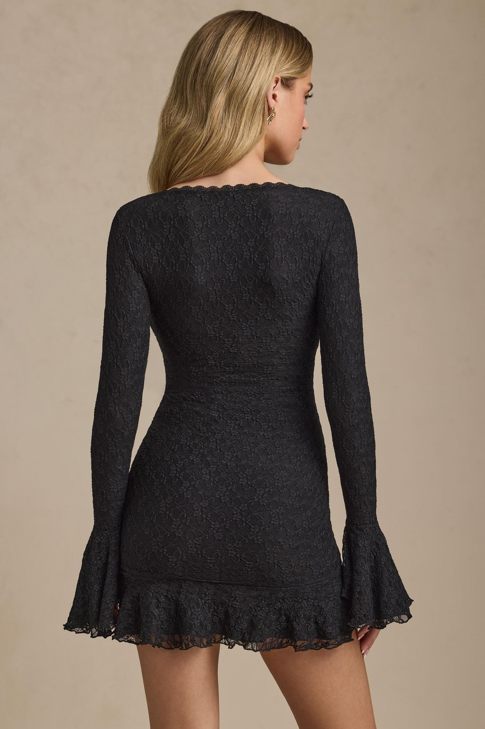 Long-Sleeve Ruffled Lace Mini Dress in Black Product Image