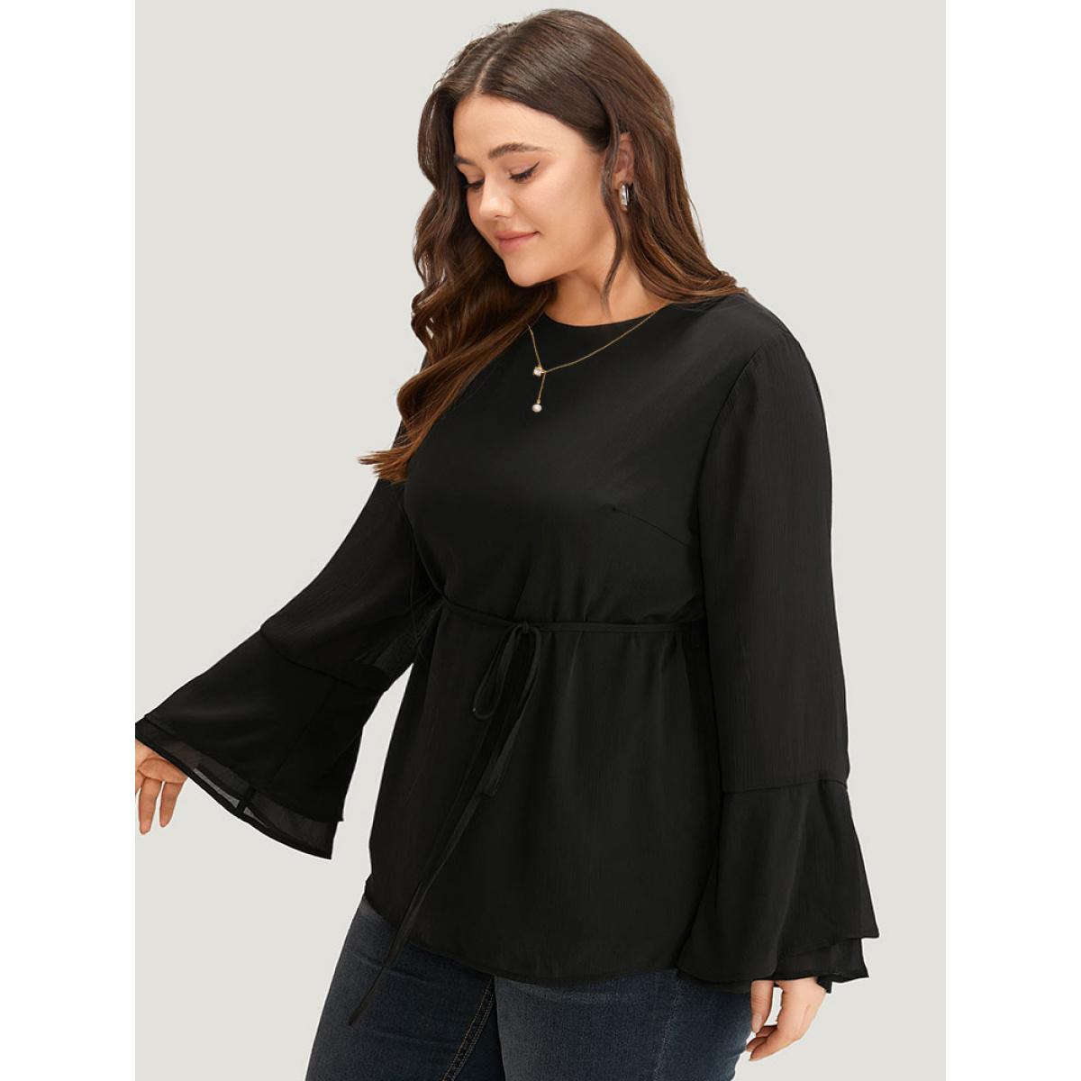 Plus Size Black Chiffon Mesh Tiered Bell Sleeve Blouse Women Office Long Sleeve Round Neck Work Blouses BloomChic 14-16/1X Product Image