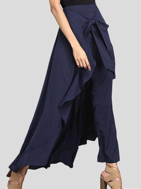 Loose Ruffle Trim Solid Color Split-Joint Tied Waist Zipper Culotte Product Image