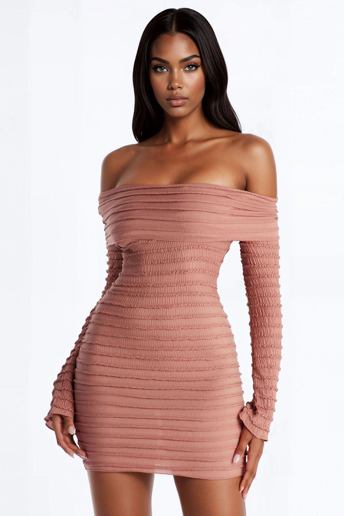 Elsie One Shoulder Textured Mini Dress - Mocha Female Product Image