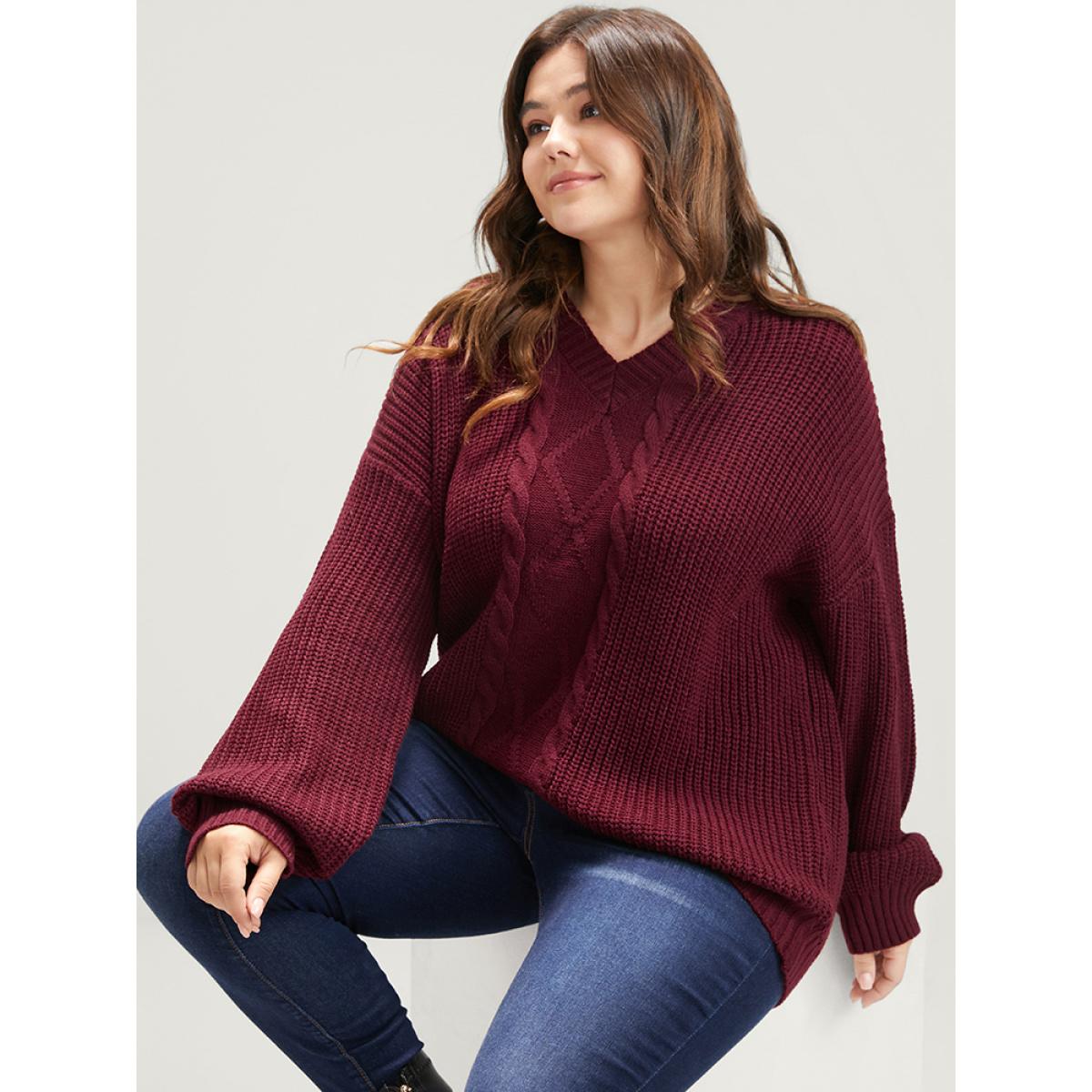 Plus Size Solid Pointelle Knit V Neck Loose Geometric Cable Knit Top Rust Women Elegant Loose Long Sleeve Dailywear Pullovers BloomChic 10/M Product Image