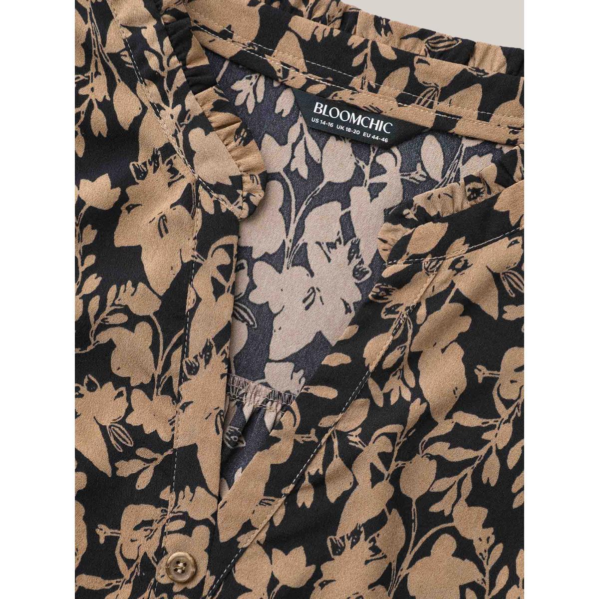 Plus Size BlackFlower Silhouette Floral Print Notched Frill Trim Blouse Women Elegant Long Sleeve Notched collar Everyday Blouses BloomChic 14-16/1X Product Image