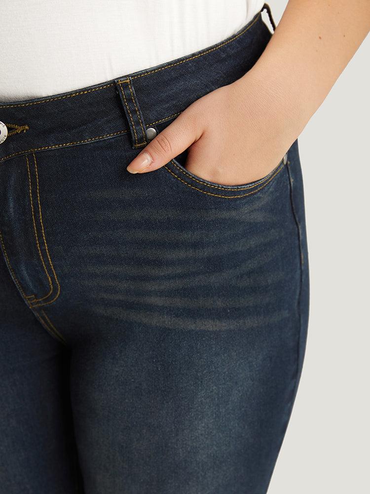Skinny Pocket Dark Wash Zipper Fly Jeans Female Product Image