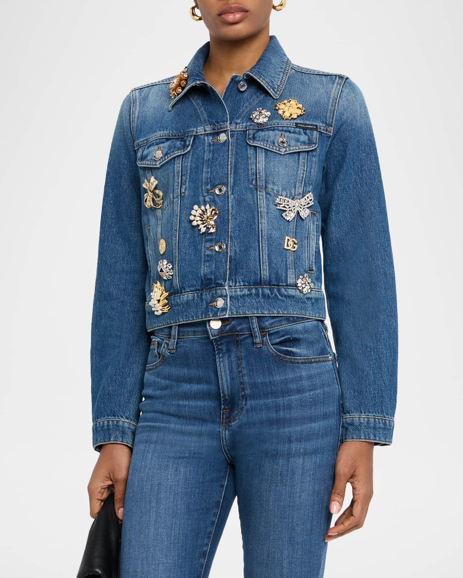 Brooch Embellished Crop Denim Jacket Product Image