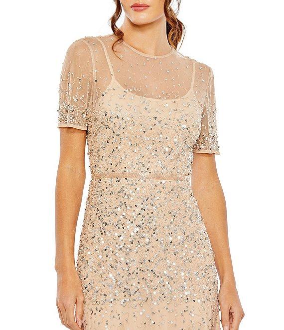 Mac Duggal Short Sleeve Illusion Neck Sequin Embellished A-Line Gown Product Image