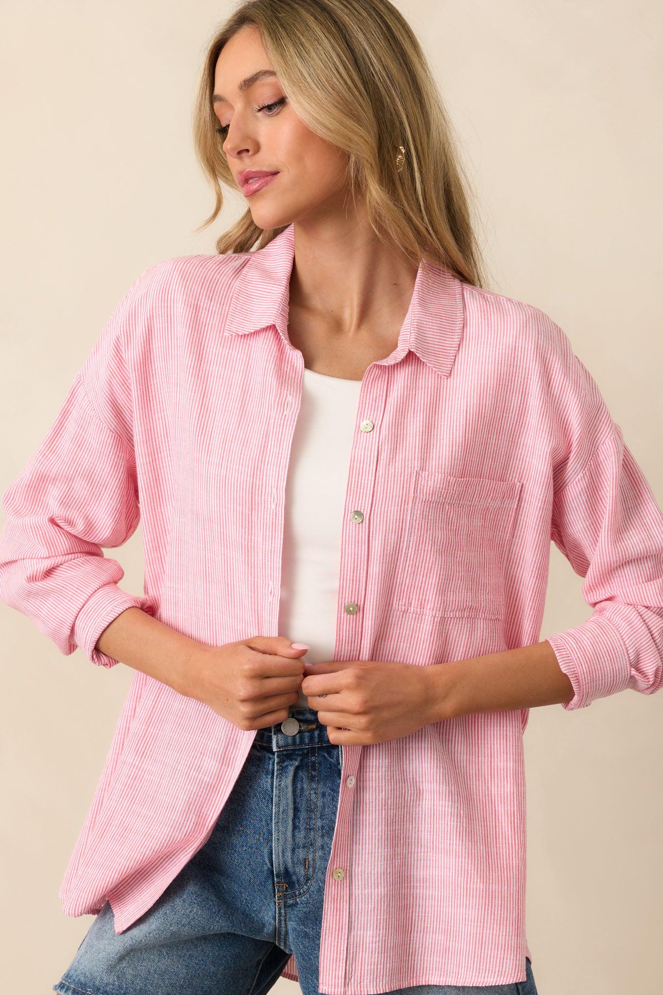 What Do You Mean Porcelain Rose Stripe Button Front Blouse Product Image