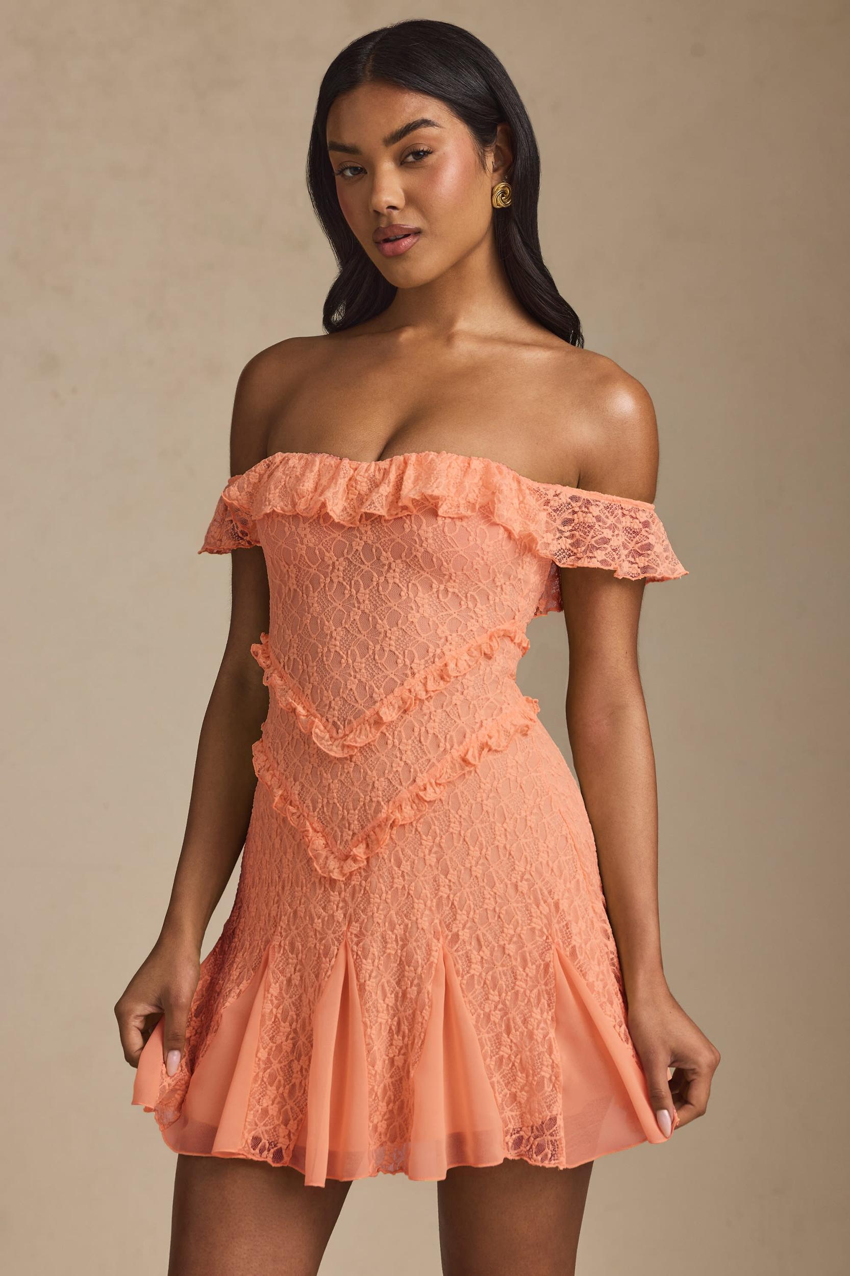 Off-Shoulder Lace A-Line Mini Dress in Peach Product Image