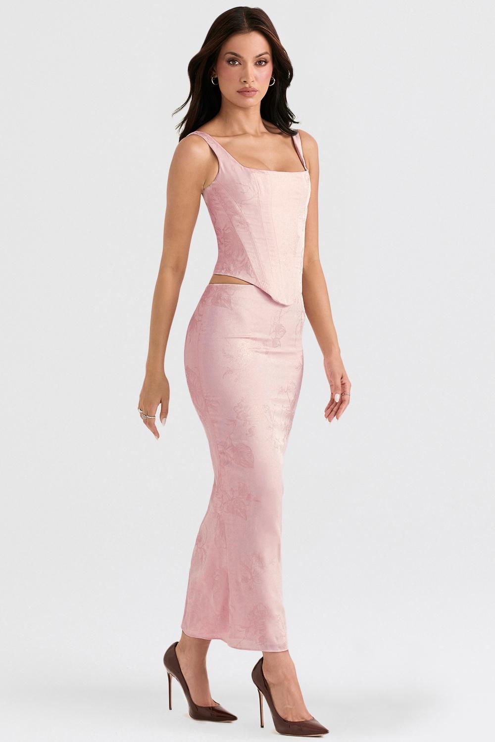 Luisette  pink metallic floral satin midi skirt Product Image