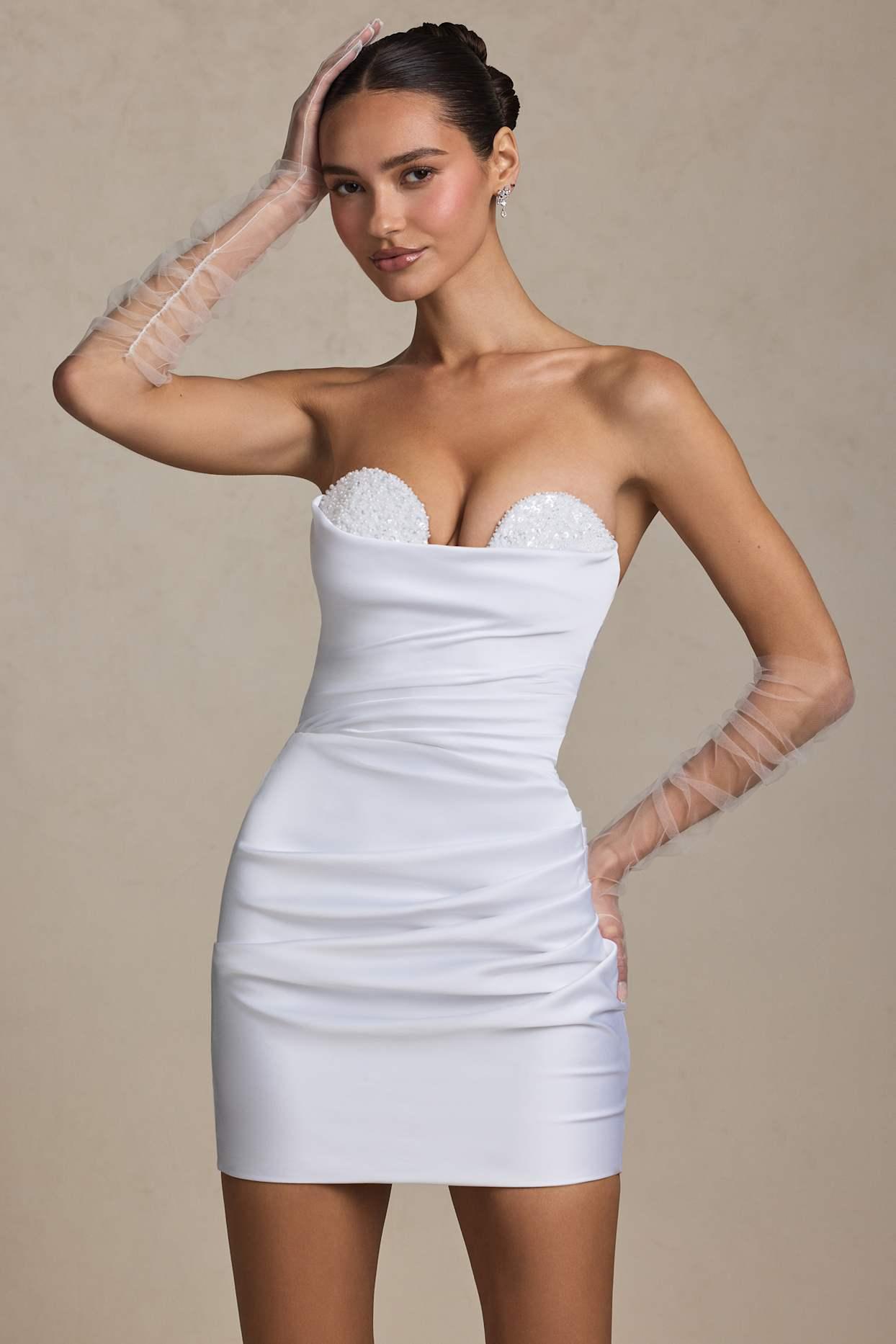 Ruched Corset Mini Dress in White Product Image