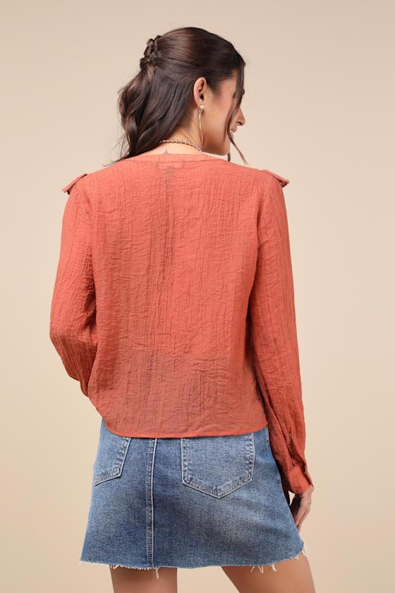Instantly Sweet Terracotta Eyelet Long Sleeve Button-Up Top Product Image