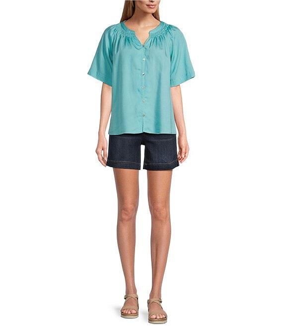 Westbound Woven Short Sleeve Y-Neck Button Front Top Product Image