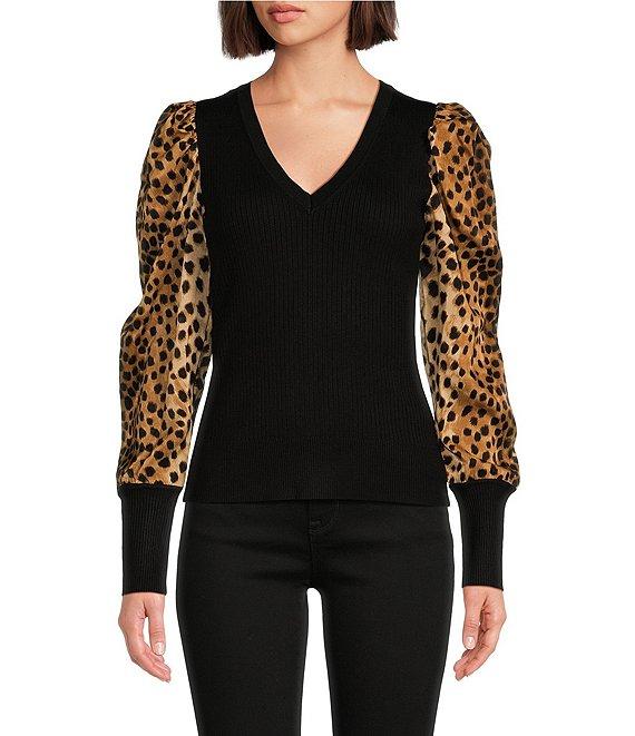 DKNY by Donna Karan Knit Mix Media Cheetah Print Puff Long Sleeve Top Product Image