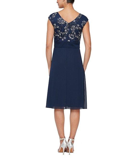 Alex Evenings Printed Stretch Tulle Scoop Neck Cap Sleeves Empire Bodice Cascade A-Line Dress Product Image