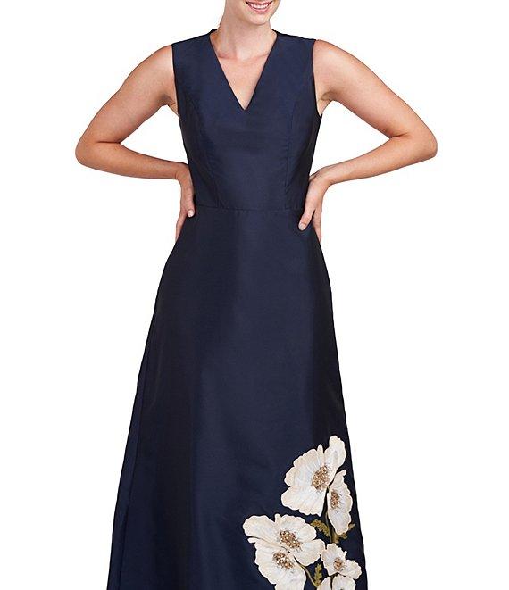 Kay Unger Beaded Floral Print Mikado V-Neck Sleeveless Pocketed A-Line Gown Product Image