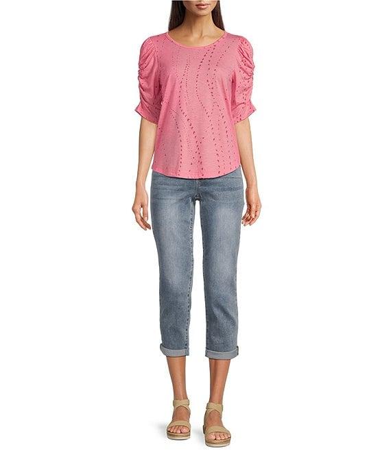 Democracy Petite Size Printed Crew Neck Ruched Puff Elbow Sleeve Knit Top Product Image