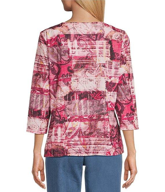 Allison Daley Petite Size Rhubarb Paisley Tapestry Print 3/4 Sleeve Keyhole Neck Knit Top Product Image