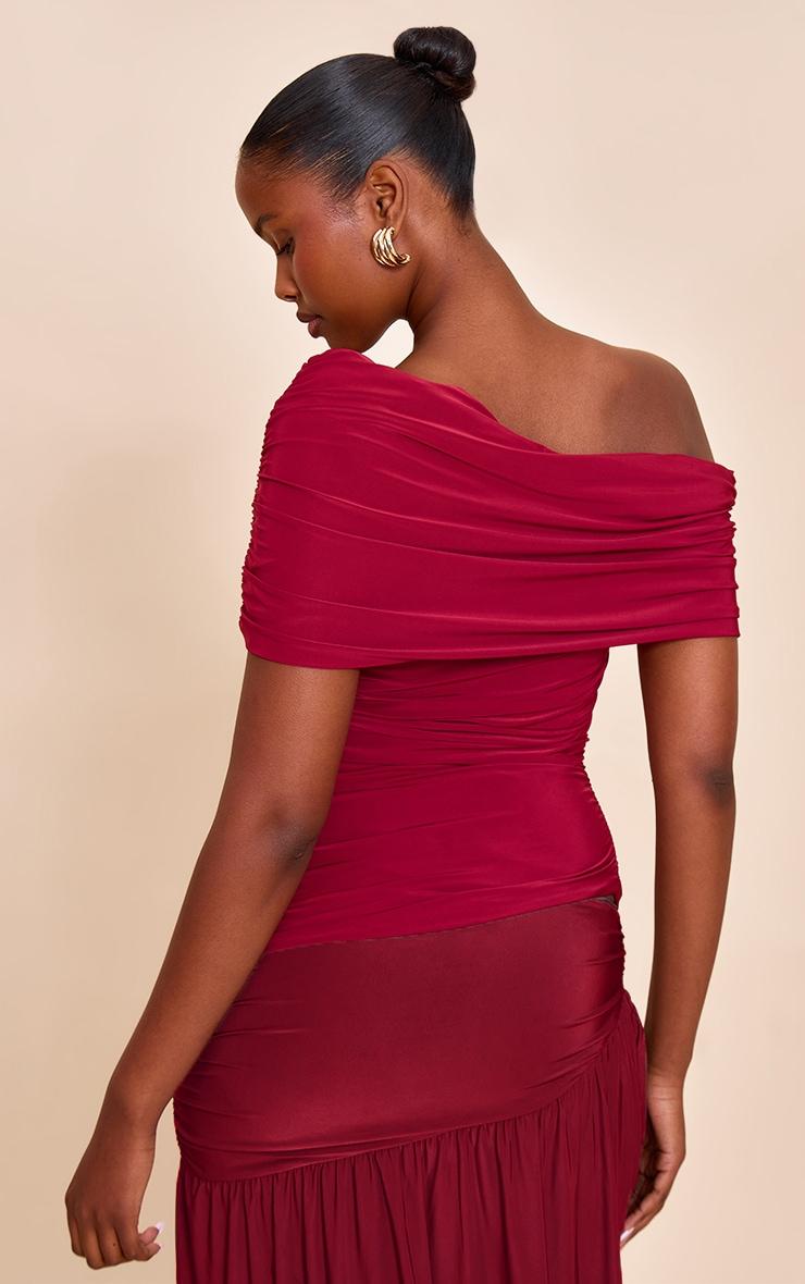 Deep Red Double Layer Slinky Ruched Bardot Long Top Product Image