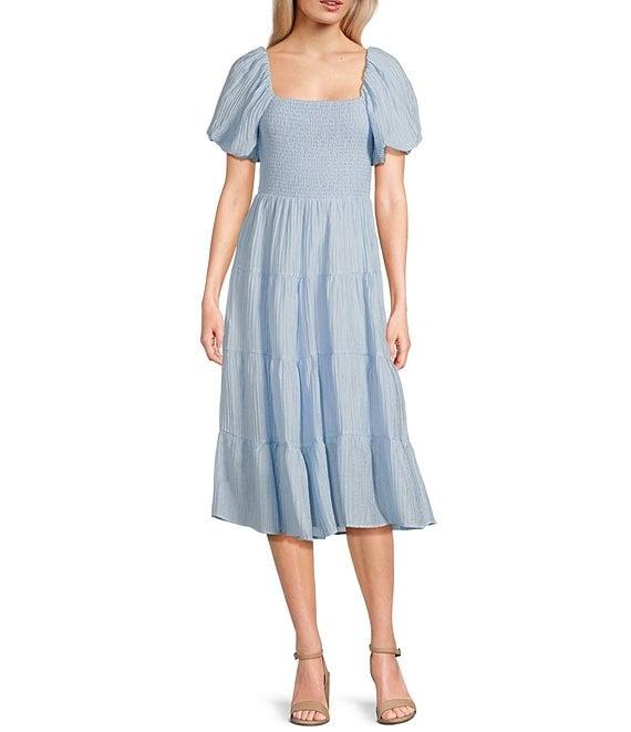 Midnight Doll Crinkle Woven Square Neck Short Puff Sleeve Smocked Bodice Dress Product Image