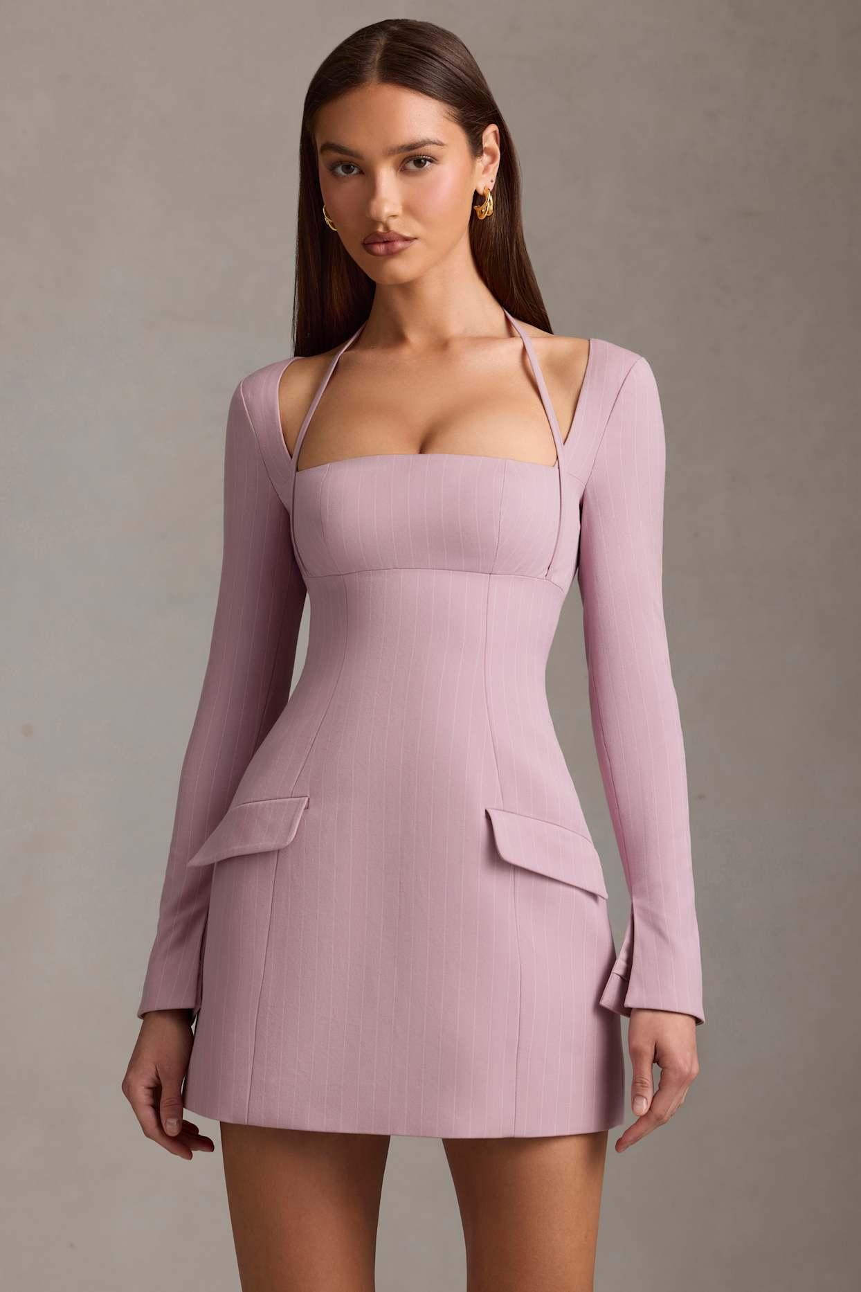 Pinstripe Structured A-Line Mini Dress in Mauve Product Image