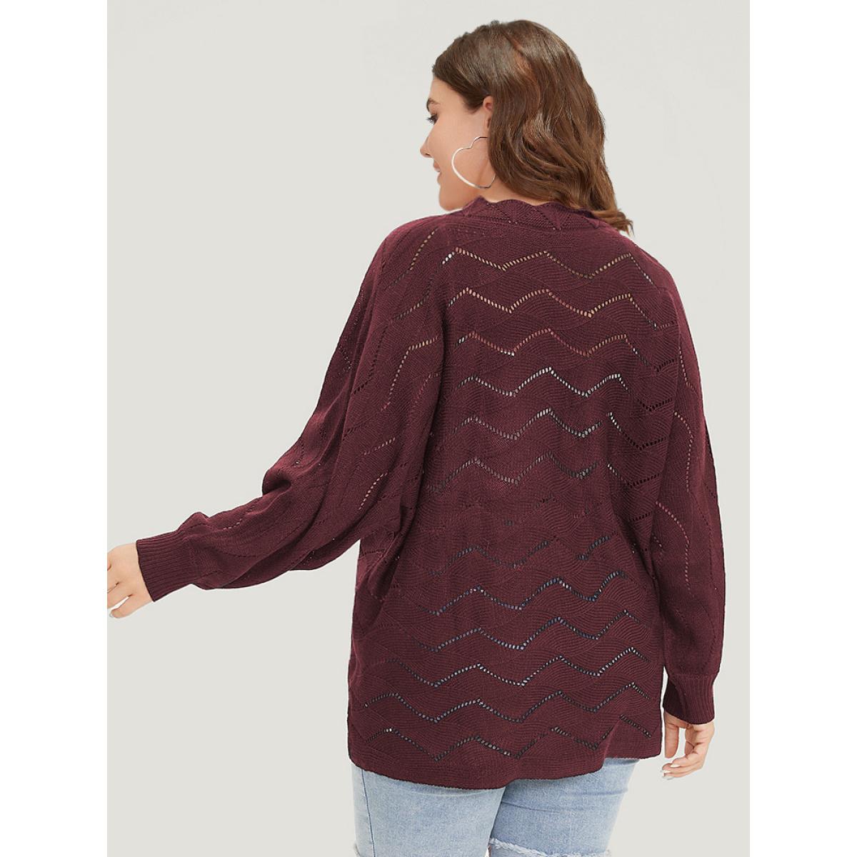 Plus Size Plain Geometric Eyelet Elastic Cuffs Patchwork Pullover Burgundy Women Casual Loose Long Sleeve V-neck Dailywear Pullovers BloomChic 14-16/1X Product Image
