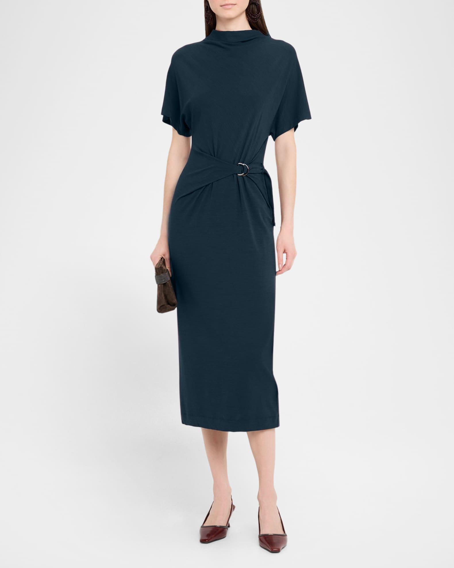 Drape Short-Sleeve Wool Jersey Midi Wrap Dress Product Image