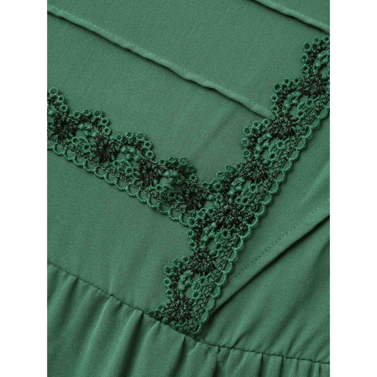 Plus Size Lace Trim Pleated Ruffled Sleeve Midi Dress Emerald Women Round Neck Sleeveless Curvy BloomChic 12/L Product Image