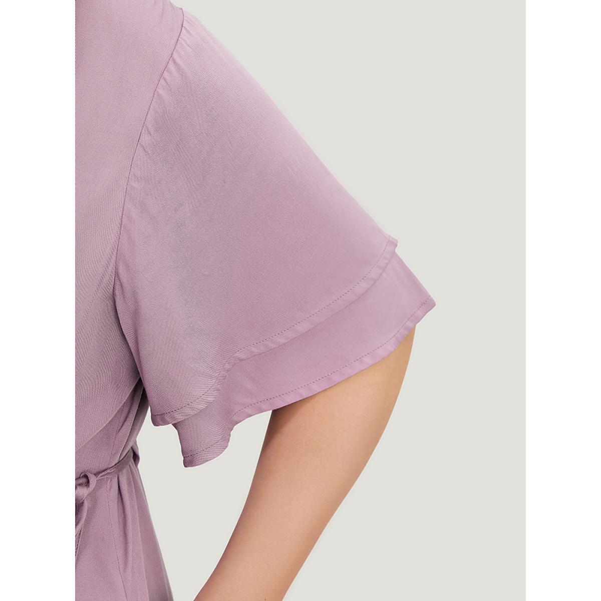 Plus Size Solid V Neck Ruffle Tiered Sleeve Pocket Drawstring Dress Mauve Women Office Drawstring V-neck Short sleeve Curvy Midi Dress BloomChic 14-16/1X Product Image