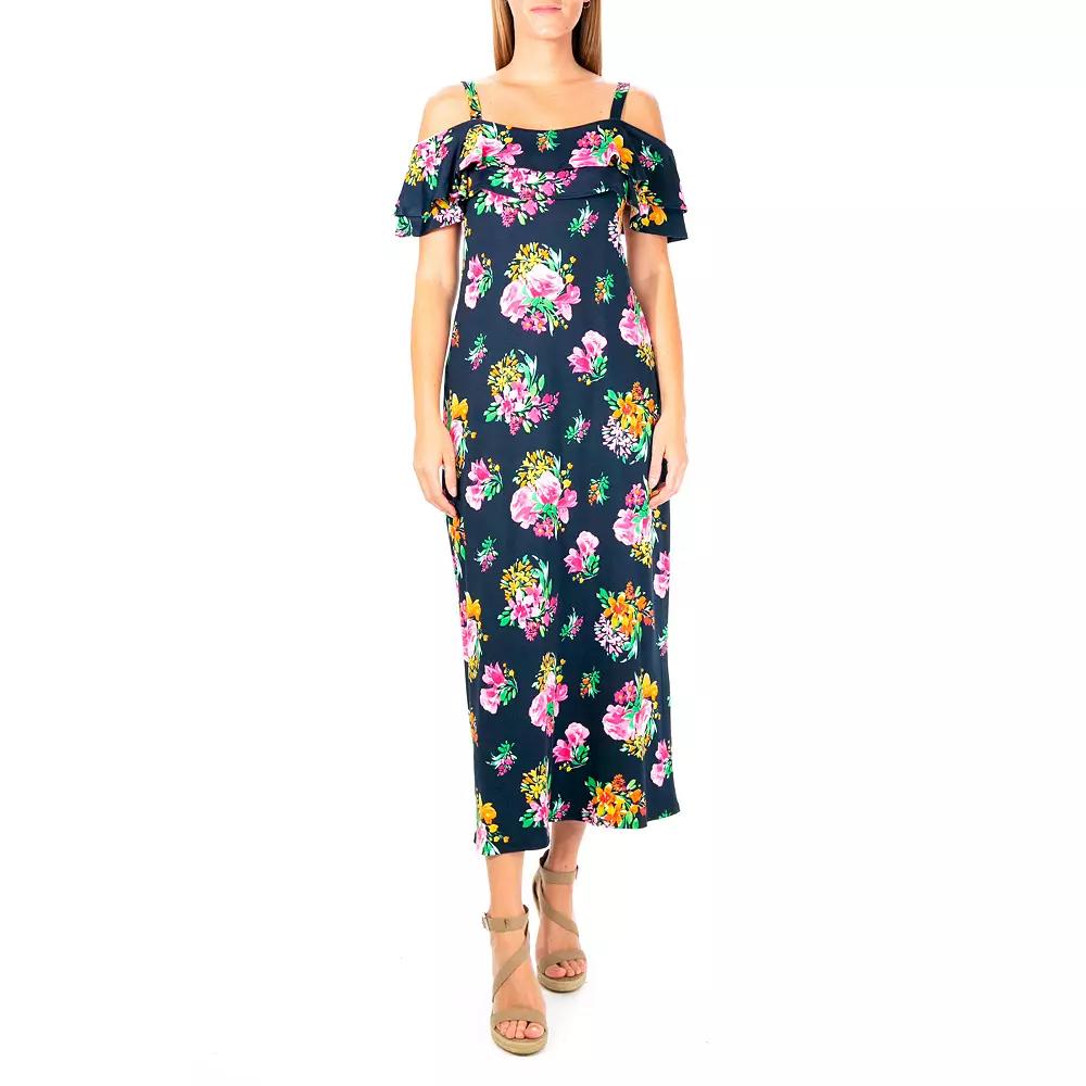Women's Nina Leonard Floral Cold-Shoulder Maxi Dress, Size: Small, Blue Team Product Image
