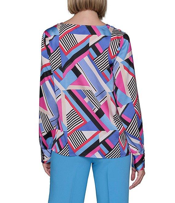 KARL LAGERFELD PARIS Woven Geometric Print Cowl Neck Long Sleeve Blouse Product Image