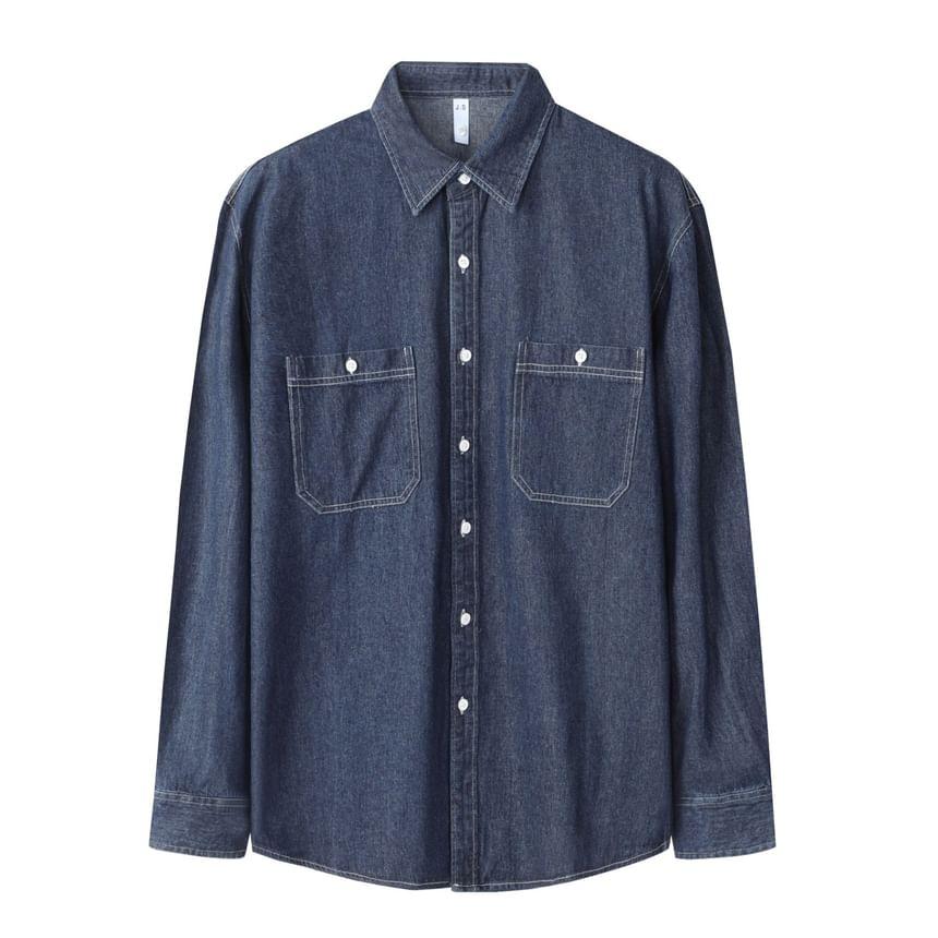 Long Sleeve Collared Washed Denim Shirt Product Image