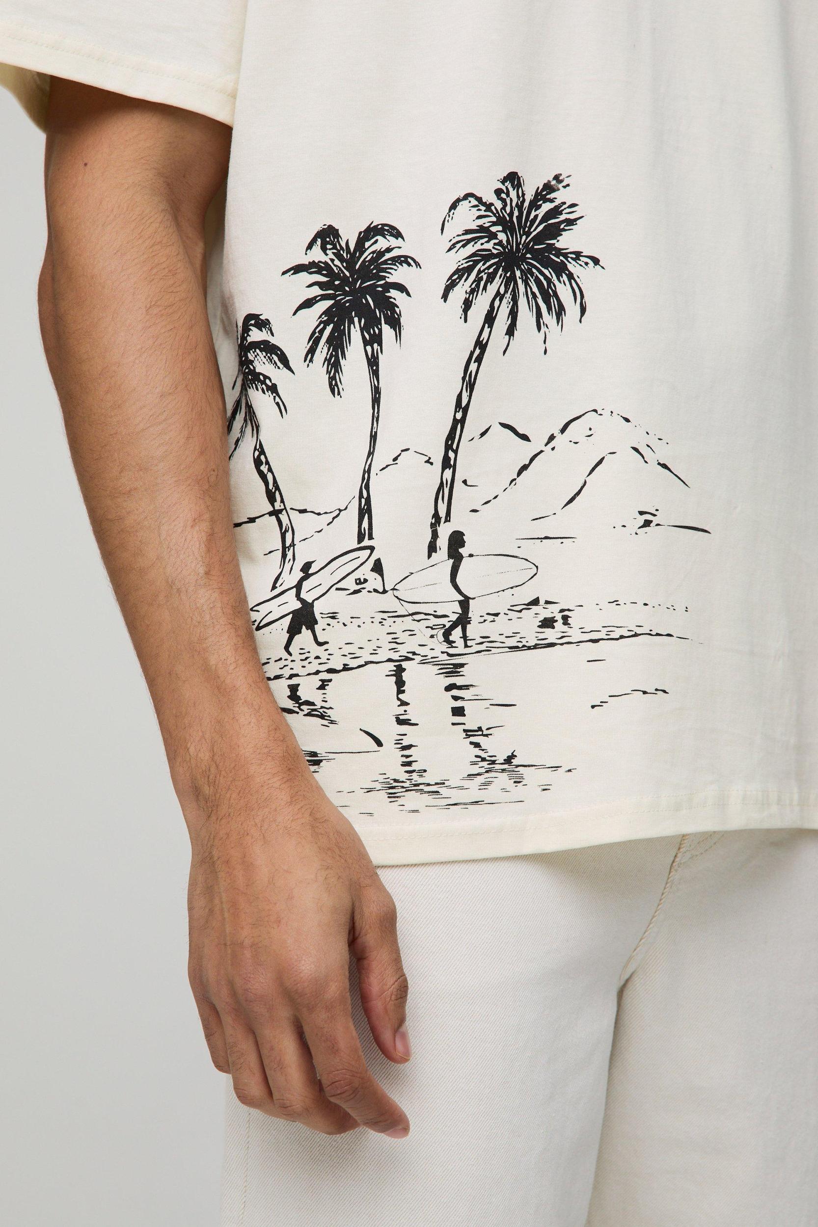 Oversized Extended Neck Pour Homme Palm Tree Landscape T-Shirt | boohooMAN USA Product Image