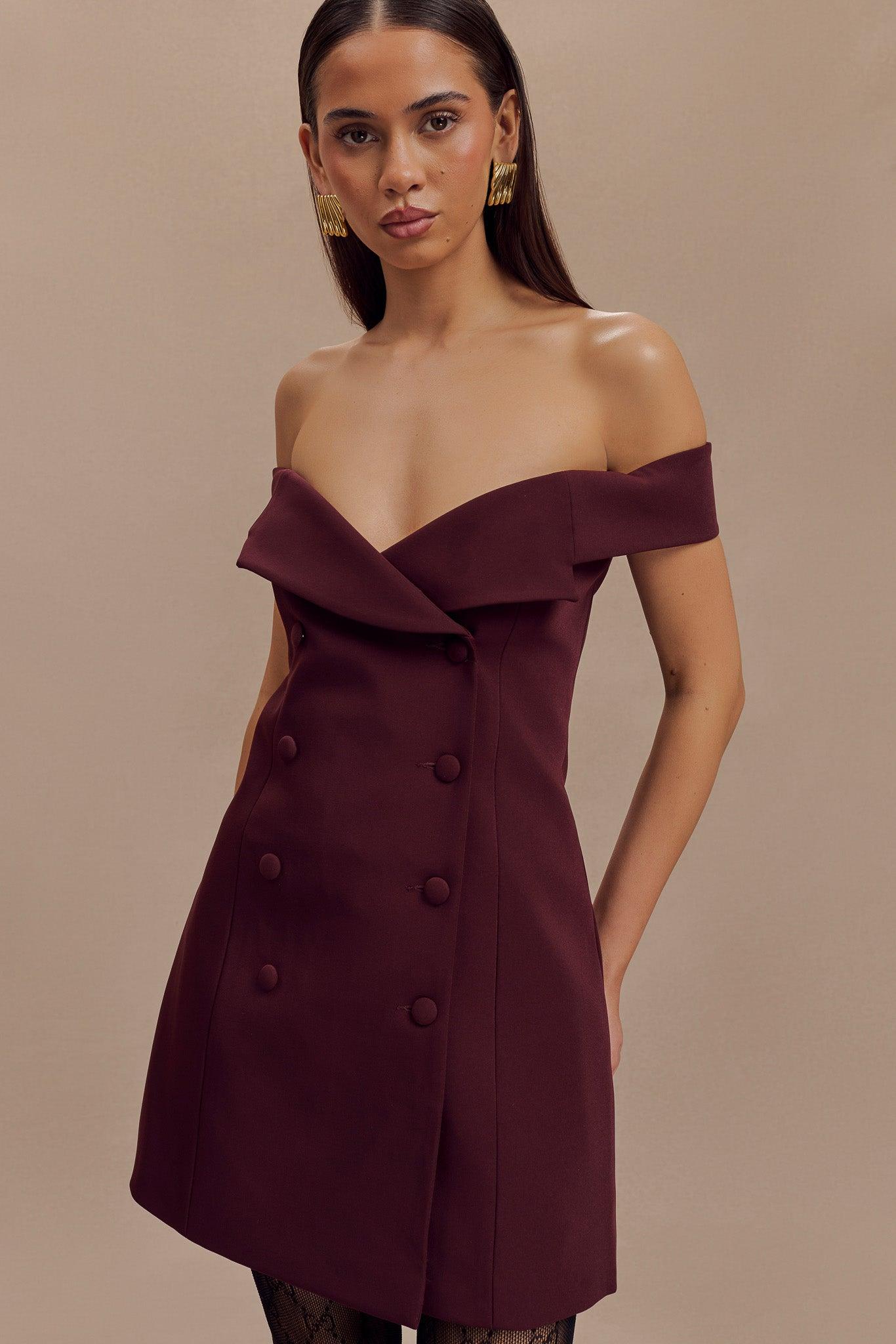 Noelle Off Shoulder Suiting Mini Dress - Mahogany Product Image