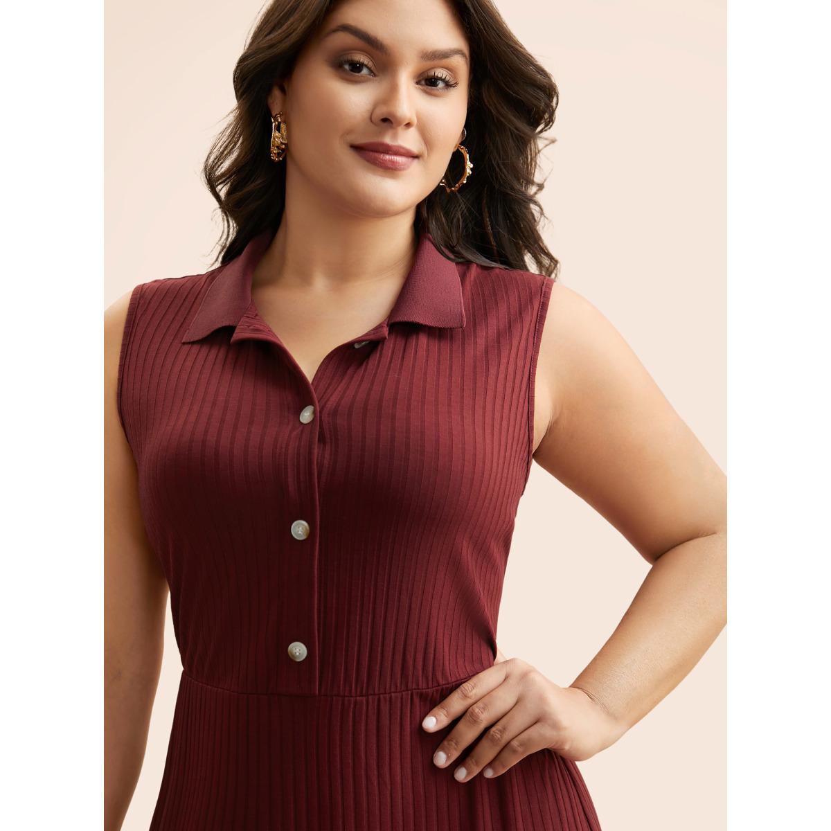 Plus Size Contrast Patchwork Button Up Dress Deepred Women Casual Texture Shirt collar Sleeveless Curvy BloomChic 28/5X Product Image