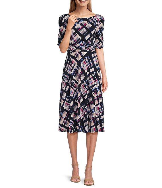 Jessica Howard Round Neck Elbow Sleeve Ruched Waist Sheath Midi Dress Product Image