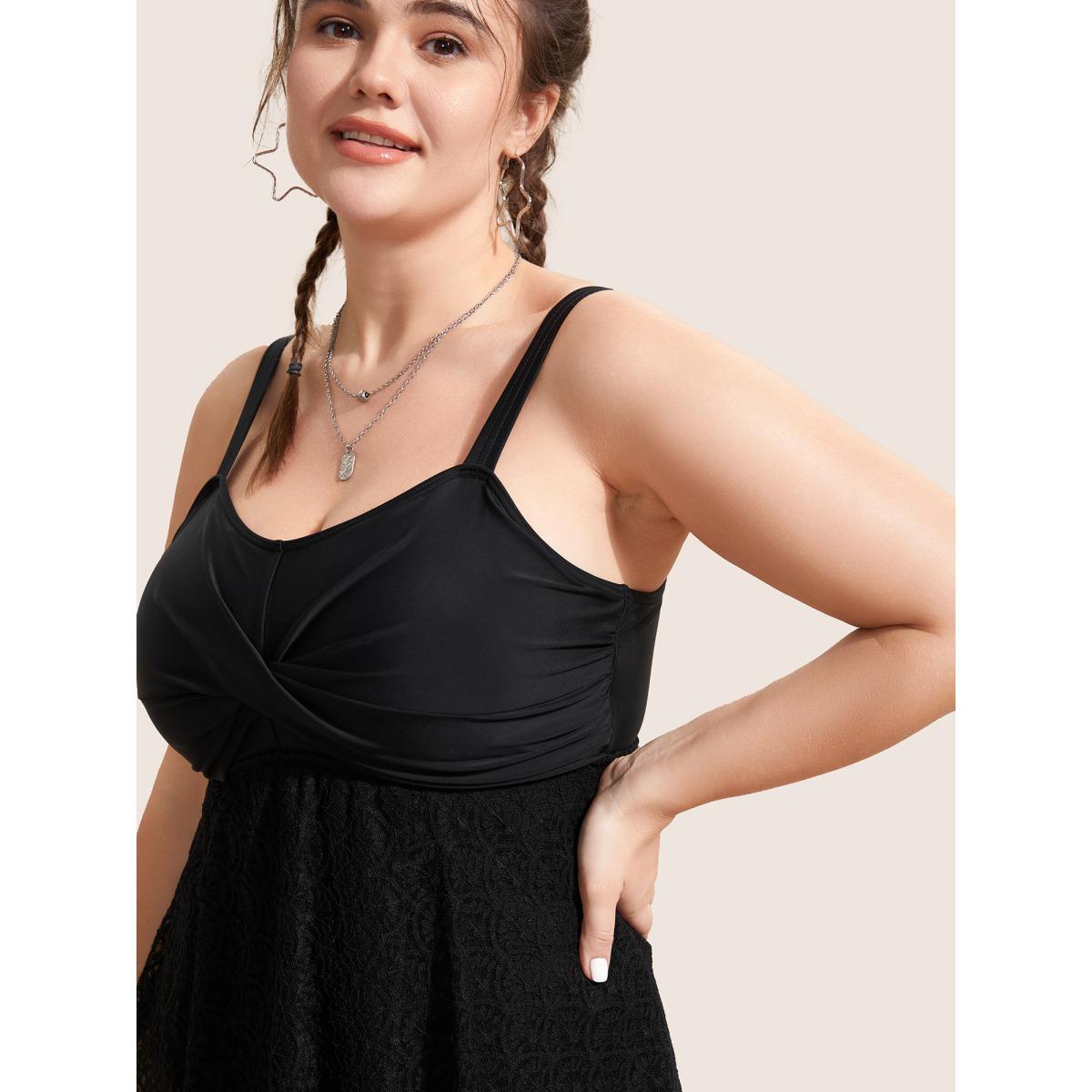 Plus Size Crochet Lace Mesh Twist Swim Dress Women's Swimwear Black Beach Bodycon Heart neckline High stretch Curve Swim Dresses BloomChic 10/M Product Image