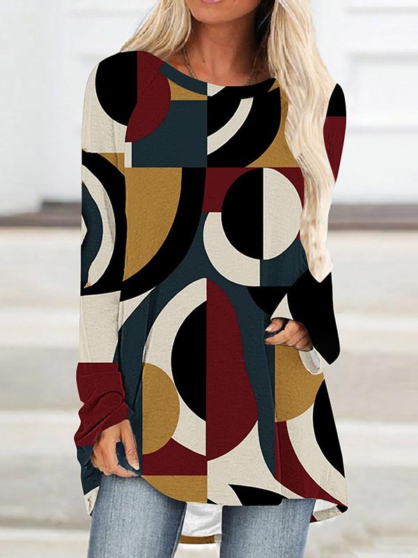 High-Low Long Sleeves Contrast Color Printed Round-Neck T-Shirts Tops Product Image