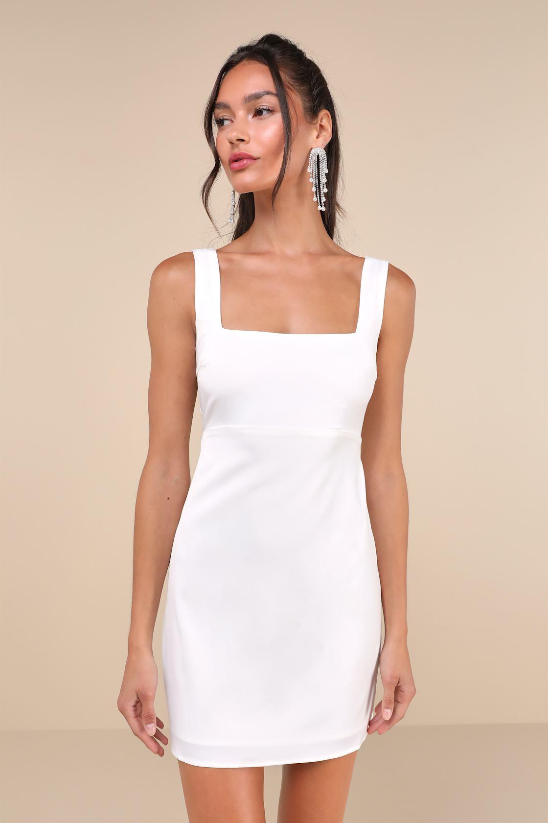 Truly the Cutest White Satin Square Neck Mini Dress Product Image