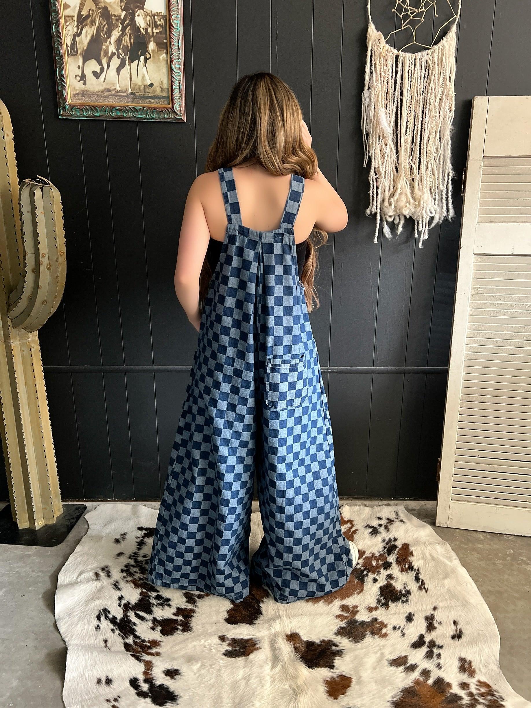 Denim Checkered Wide Leg Overalls* Product Image